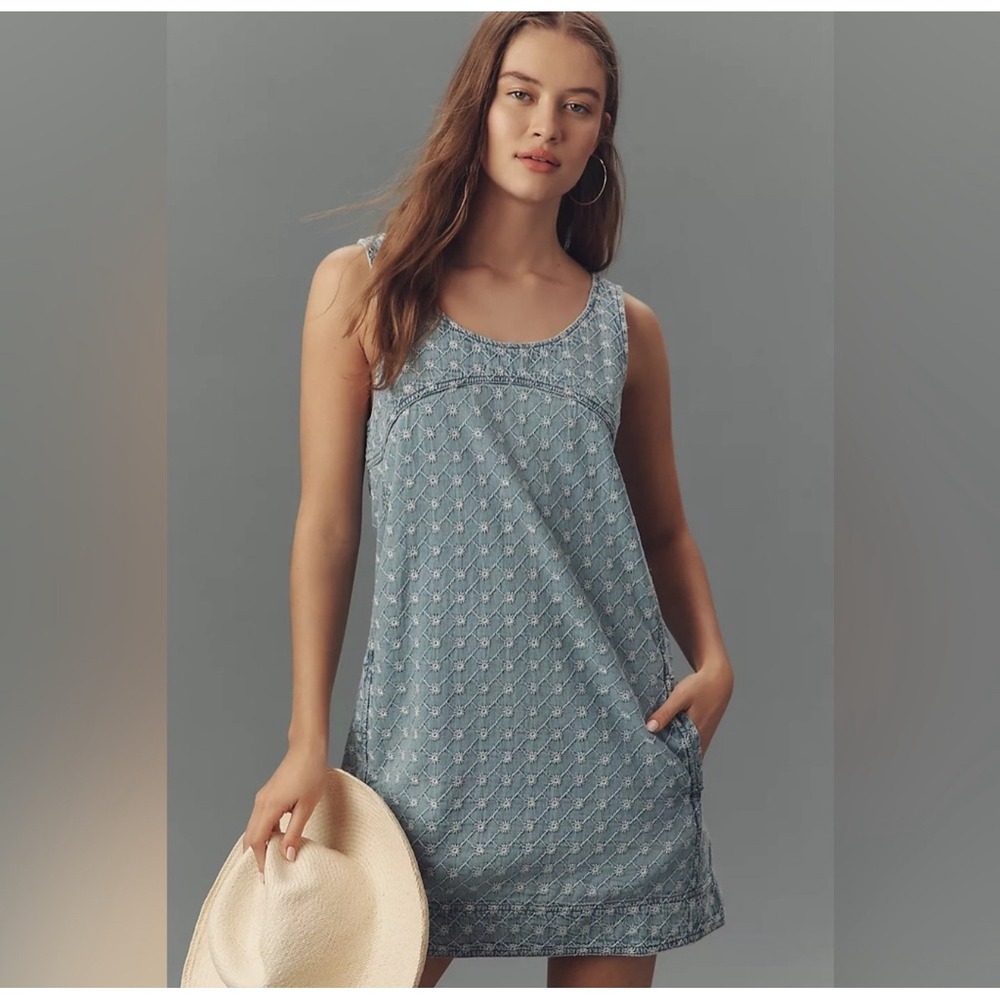 Pilcro Denim Chambray Embroidered Mini Dress Casual Sleeveless Women's Size M